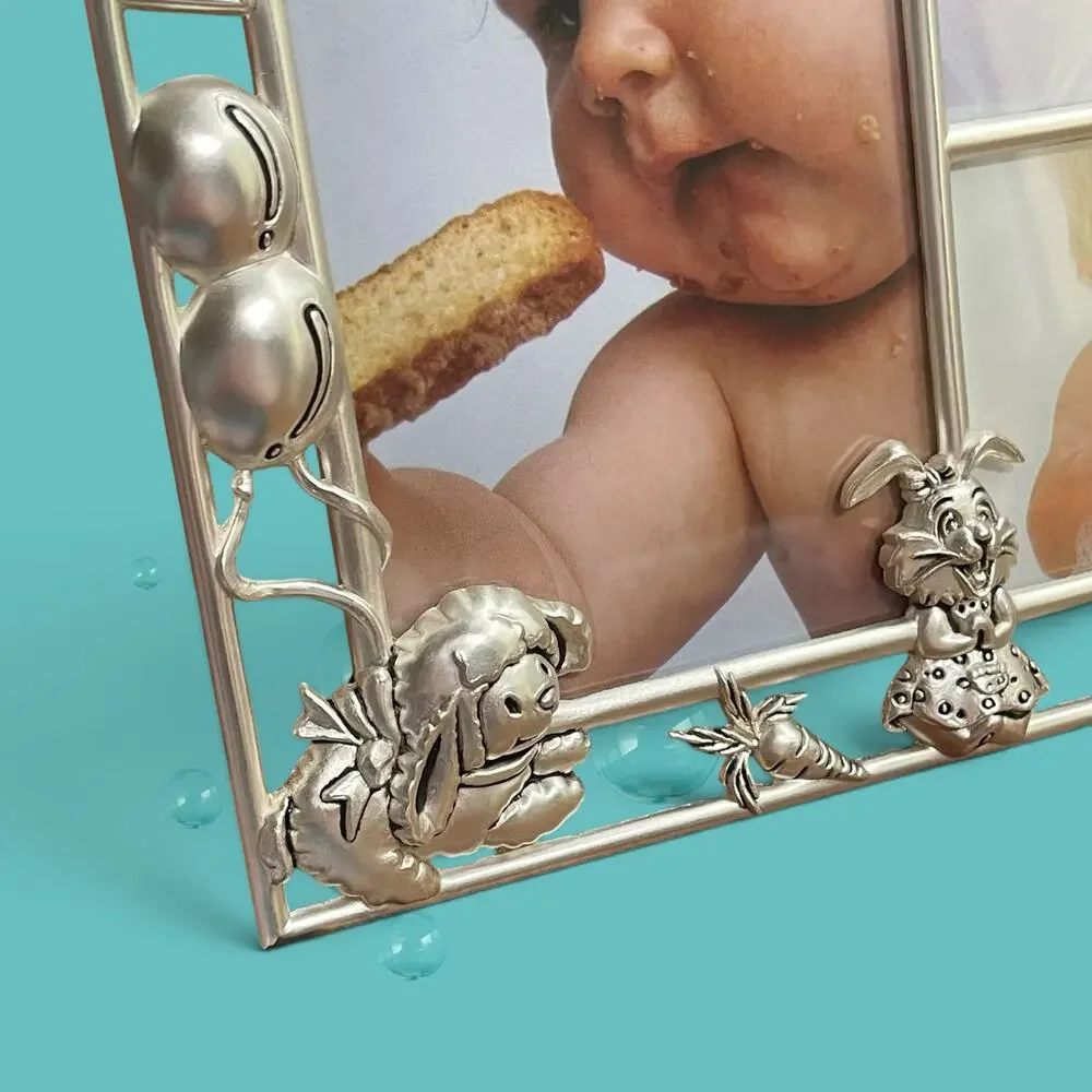 NIB Vtg. Baby Collage Picture Frame Silver Metal Nursery Duck Bunny Giraffe Lamb